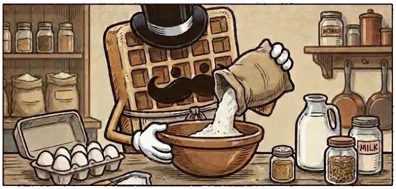 Illustrated waffle character pouring flour into a mixing bowl in a Ghent waffle cooking class