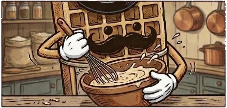 Illustrated waffle character whisking batter in a bowl during a Ghent waffle workshop