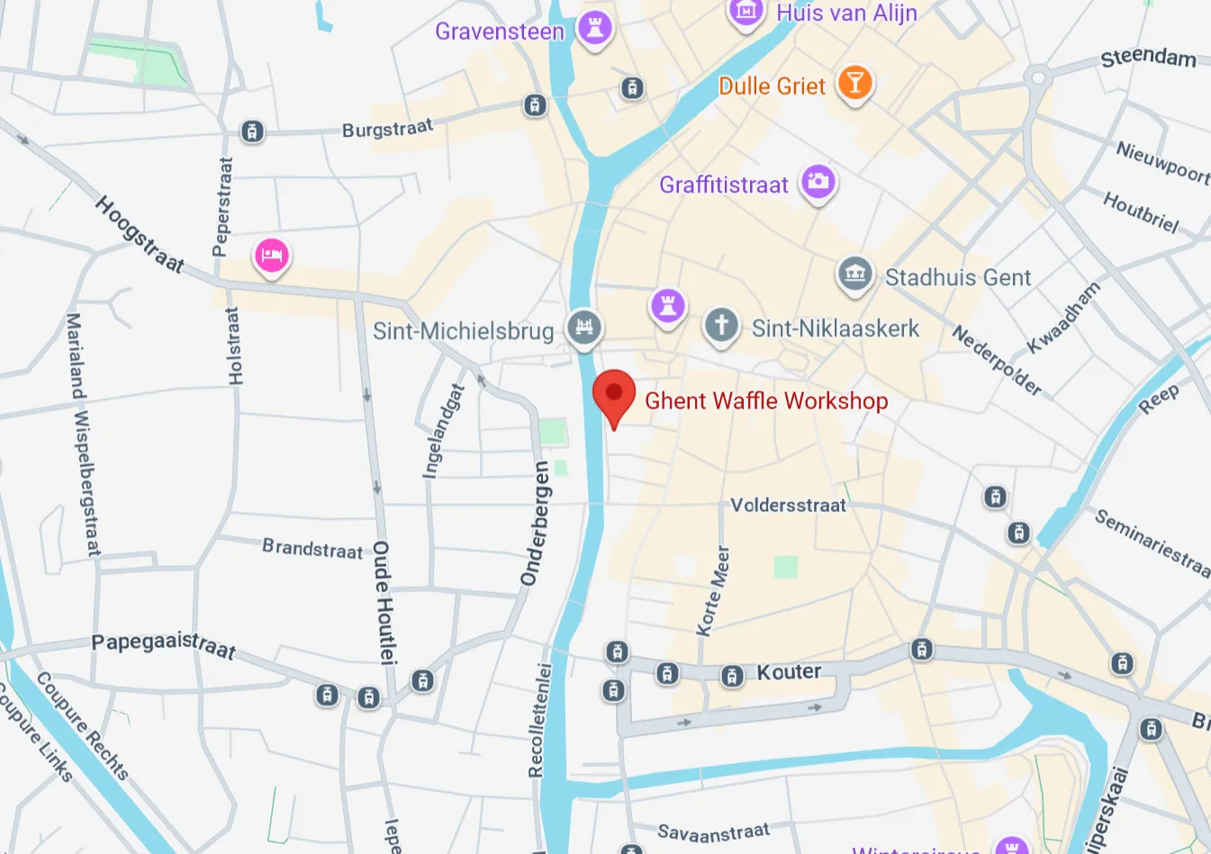Map showing Ghent Waffle Workshop location near Korenmarkt