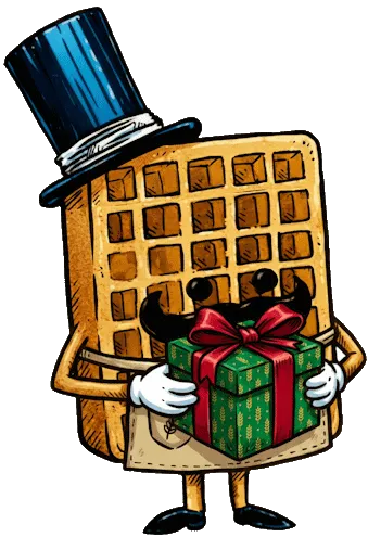 Illustrated waffle character with top hat holding a gift box - Ghent waffle workshop gift voucher